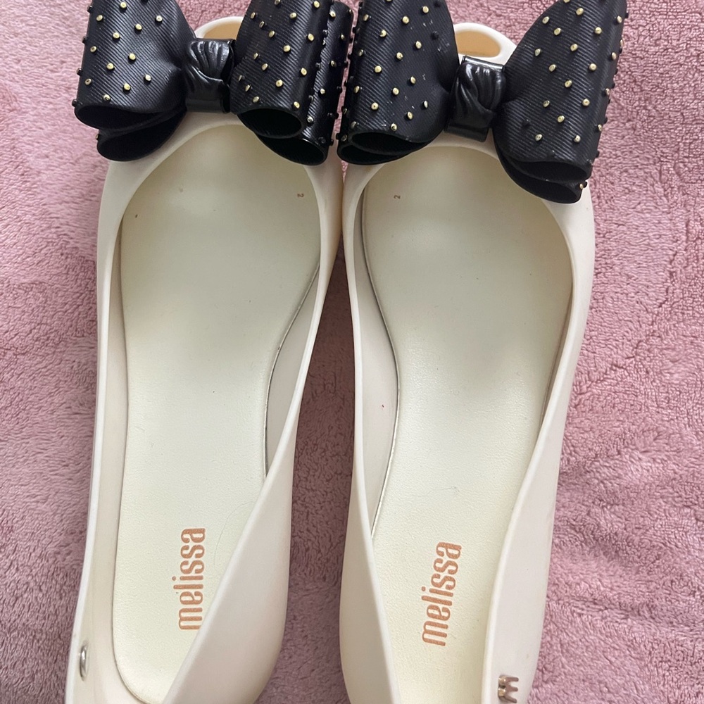 Melissa Cream and Black Loafers with Glitter Bow